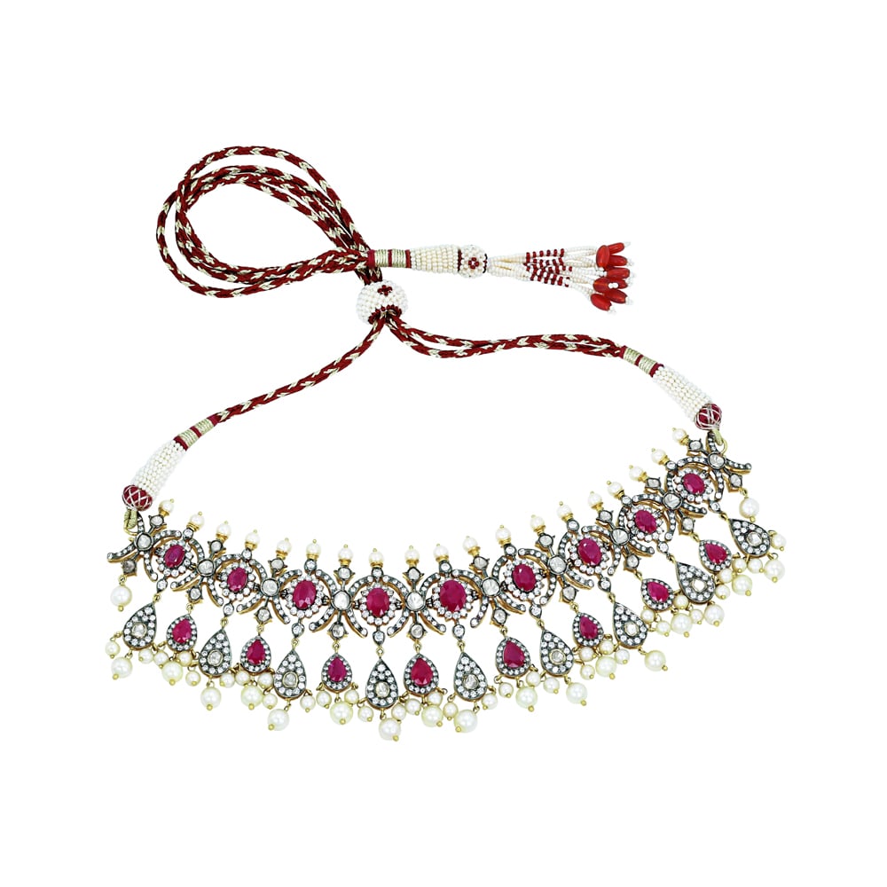 Antique-Finish Choker with Ruby, Diamonds, Polki Clusters, and Pearl Drops